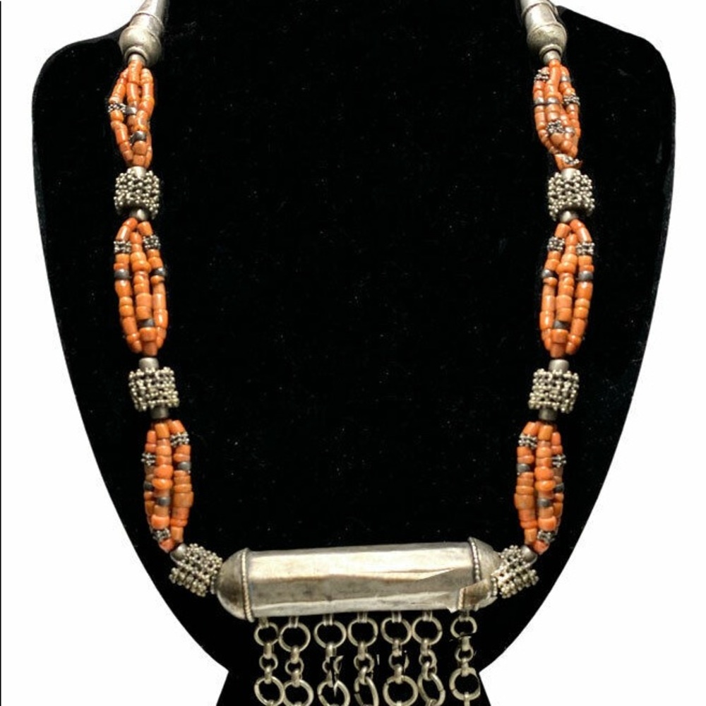 1900s Tribal Yemeni Coral Silver Necklace